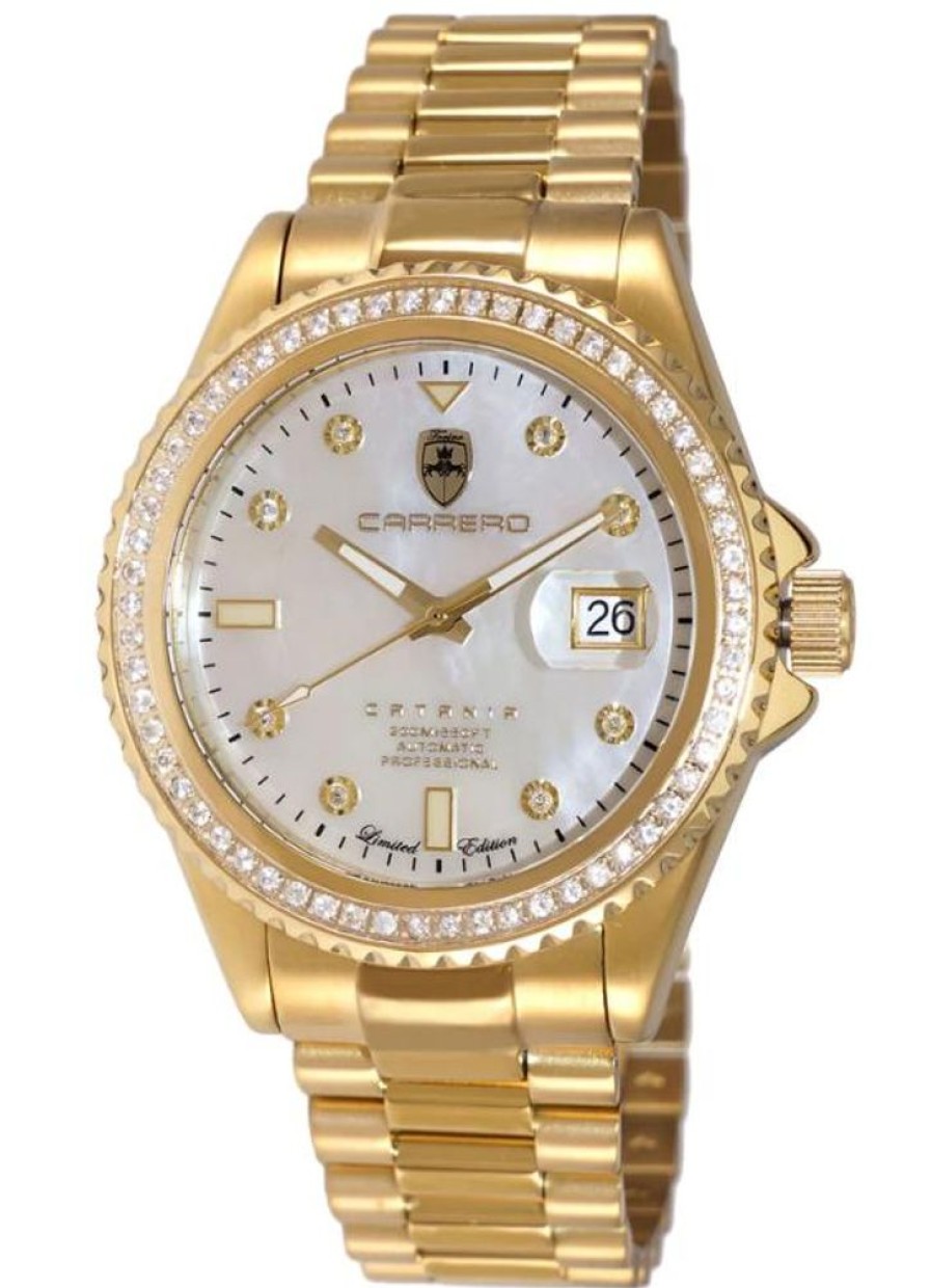 Men'S Watches Intrigue Fine Jewelry | Carrero Saphire Bezel With Gold Trim And White Mop Dial