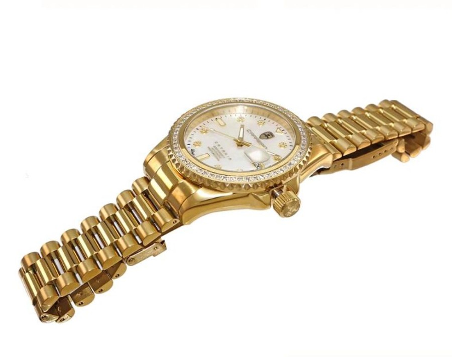 Men'S Watches Intrigue Fine Jewelry | Carrero Saphire Bezel With Gold Trim And White Mop Dial